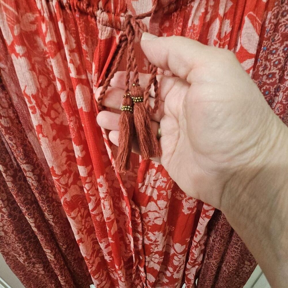 Free People Red Floral Tassel Blouse Size L/G - Picture 2 of 8